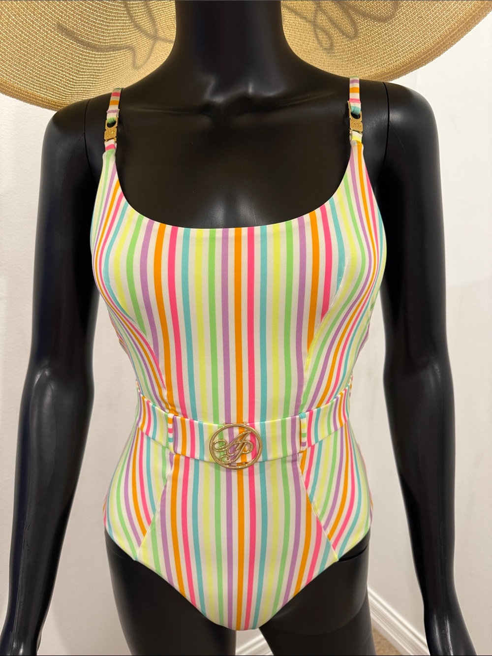 Brigitte Bardot Rainbow Stripe Belted One Piece Swimsuit Size 2 Worn Once